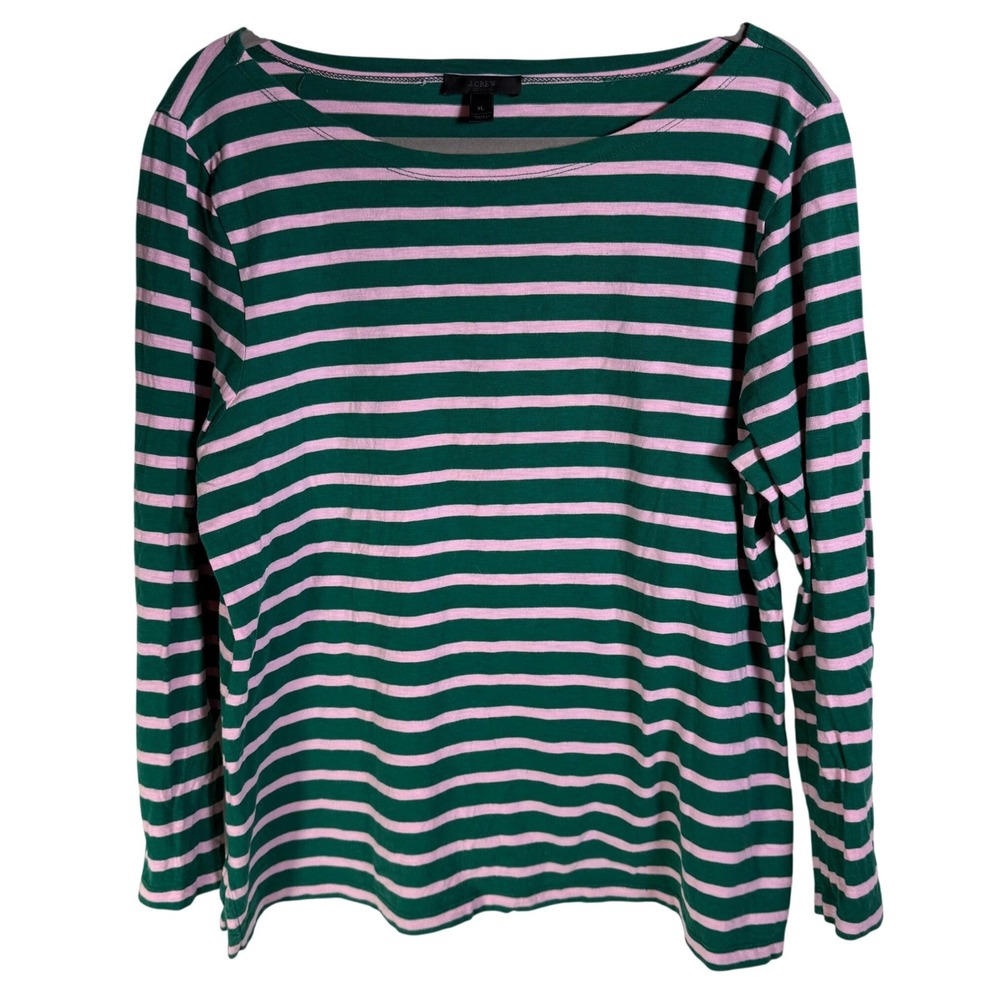 J.Crew Womens XL Green Pink Striped Long Sleeve Boat Neck Cotton T-Shirt